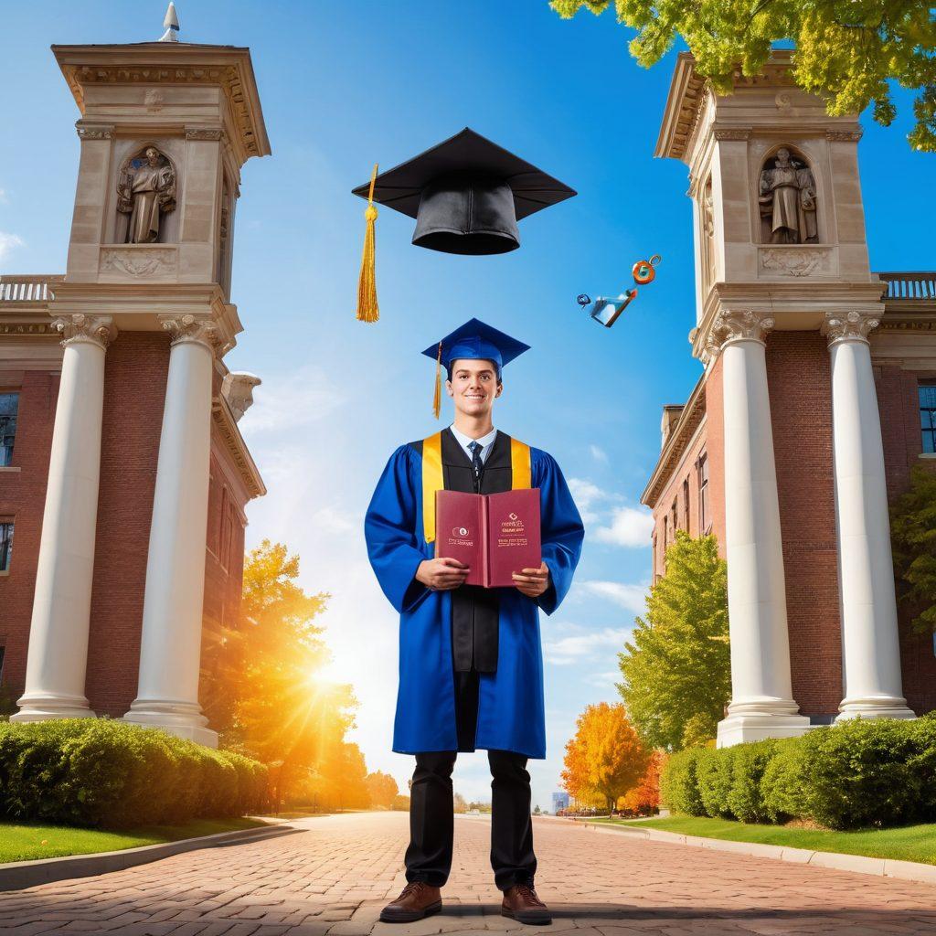 A student standing at the crossroads, holding a key that unlocks a giant, illuminated book labeled 'PhD Programs'. Surrounding the student, vibrant icons of research tools, funding documents, and graduation caps. In the background, a beautiful university campus with a bright blue sky. Emphasize ambition and exploration. super-realistic. vibrant colors. white background.