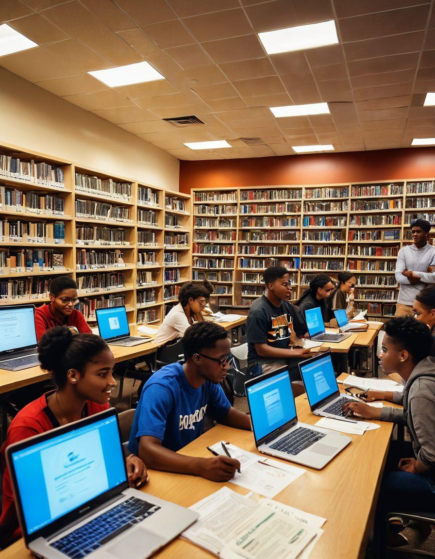 A diverse group of enthusiastic students researching scholarship options in a brightly lit library, surrounded by stacks of books and laptops, with motivational posters on the walls highlighting educational achievements. In the foreground, a scholarship application form and a globe representing global opportunities. super-realistic. vibrant colors. warm lighting.