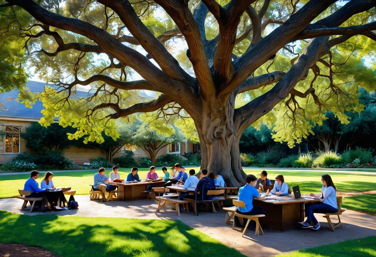A serene academic garden with a diverse group of mentors and PhD students engaged in lively discussions under an ancient oak tree. Books, laptops, and colorful plants scattered around, symbolizing knowledge, growth, and collaboration. Soft sunlight filtering through the branches, casting gentle shadows, inviting an atmosphere of inspiration and guidance. Include a chalkboard with strategic career pathways illustrated. watercolor painting. vibrant colors. natural setting.